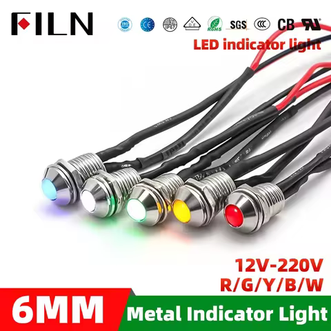 FILN 5pcs 6mm12v 24v 110v 220v Metal Indicator LED Lights Guide Panel Dashboard Signal Warning Light