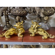 Pair of fortune pixiu made of shiny yellow bronze, 26cm, weighs 3kg