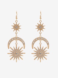 Cider Cider Sun &amp; Moon Rhinestone Decor Drop Earrings ต่างหูผู้หญิงต่างหูพระจันทร์และพระอาทิตย์เครื่องประดับผญลุคสวยหรู