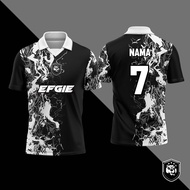 Men's Black White Polo Shirt Retro Collar Jersey Custom Name Flame Design Print Oversized Streetwear Unisex Jersey Viral Ootd Short Sleeve Tshirt Baju Raya Lelaki Kanak Kanak