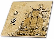 3dRose A Brown Stained Budda with Flowers and Oriental Writing Meaning Destiny and Luck - Glass Tile
