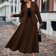 Plus Size Women French Style Casual Long Sleeve Top And Midi Skirt 2-Piece Set, Autumn/Winter 2 Piec