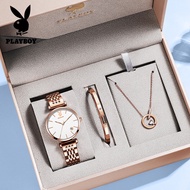 PLAYBOY นาฬิกาผู้หญิงของแท้อย่างเป็นทางการกันน้ำปี 2023 แฟชั่นหรูหราใหม่สบายๆปฏิทินนาฬิกาควอทซ์ เข็มขัดตาข่ายทองกุหลาบ นาฬิกาผู้หญิงแบรนด์เนม กล่องของขวัญสำหรับแฟน