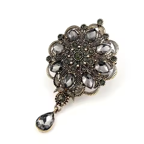 Sunspicems Vintage Indain Bohemia Gray Crystal Brooch Pendant For Women Morocco Algeria Flower Banqu