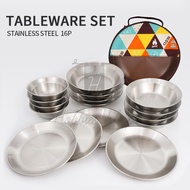 CLS Tableware 16 Pcs Premium Stainless Steel Plate Bowl Set Camping Outdoor Hiking Portable Bag Rak 