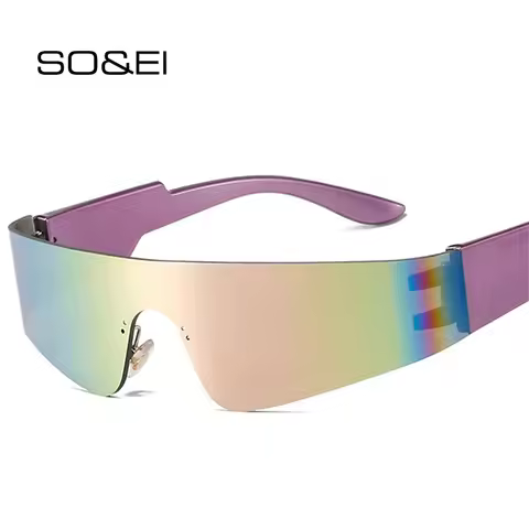 SO&EI Retro Y2K Rimless Punk Sunglasses Women Fashion Colorful Mirror Shades UV400 Men One Piece Spo