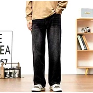Men's Black Wisker Loose fit Regular Baggy Standard Denim Washed Wide Leg Jeans Denim Jeans