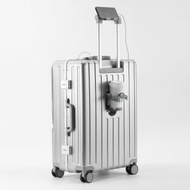 （銀色）PC行李箱 20吋 多功能 旅行箱 USB杯架 手提箱 前口袋蓋 拉桿箱 喼 行旅箱