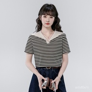 Mad Girl Must Go Design Sense Navy Collar Tops 6861 Navy Collar Striped Shirt Short Sleeve Women 25 