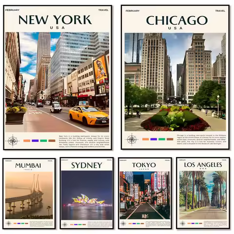 American landscape posters of New York, Los Angeles, Mumbai, London, Delhi, Tokyo, Seattle, Boston, 
