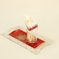 Snowflakes shot glasses and tray platter red and gold, Hand-painted