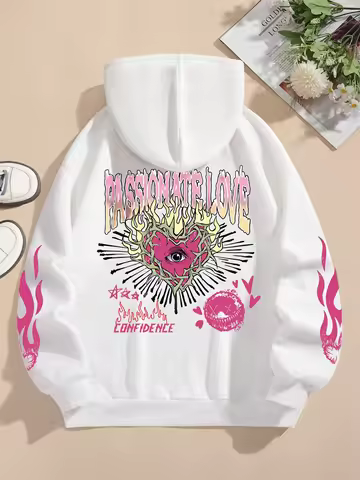 Street Women Sweatshirts Passionate Love Flame Heart Printed Hoodies Crewneck Loose Pullover Fleece 