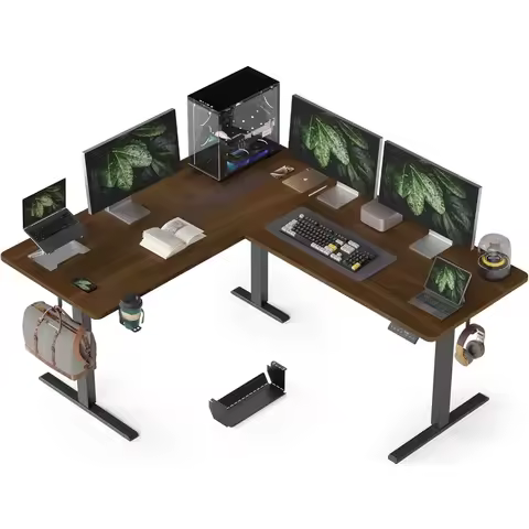 63X55 Inches Reversible L Shaped Standing Desk Height Adjustable with Cup Holder, Electric Corner Co
