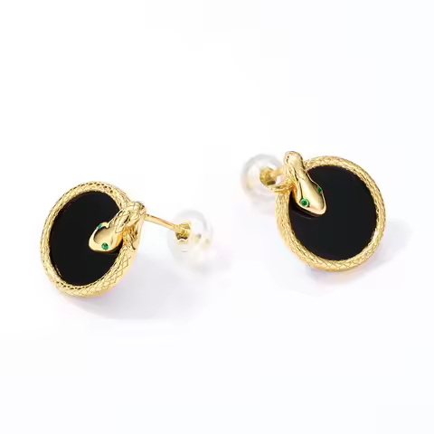 ALLNOEL 100% 925 Sterling Snake Silver Stud Earrings For Women Black Agate Green Eyes Animal Chic Fi