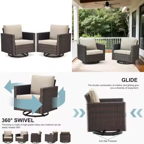 Oversize Rattan Swivel Rocker Patio Bistro Chair Set of 2 Water-Resistant Porch Deck Backyard, Custo