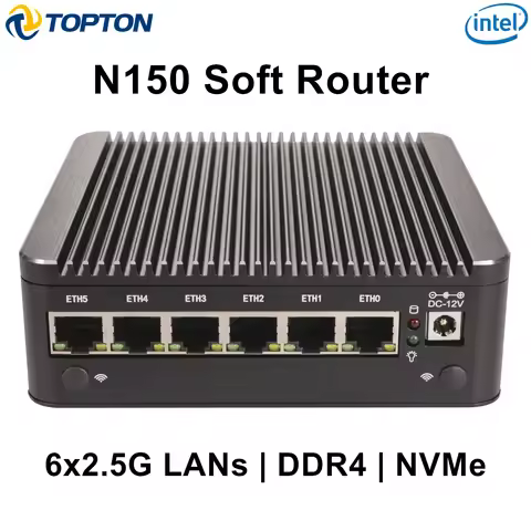 6x2.5G LAN Robust Fanless Firewall Mini PC Intel N150 7505 6305 i226-V DDR4 NVMe SATA Type-C Mini Co