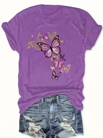 Purple Butterfly Cluster Women's Tee - Delicate Butterfly Graphic, Casual Purple Top