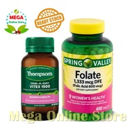 Paket Thompson Vitex 1500 Mg + Spring Valley Folate 800 Mcg (Utk Pcos)