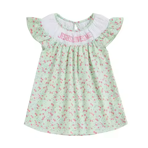 Toddler Girls Dress Floral Print Letter Embroidery Round Neck Fly Sleeve Casual Dress Baby Summer Dr