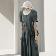 Retro Blue เดนิม เดรส ผู้หญิง ฤดูร้อน New Style Tea System Square ปกเสื้อ Bubble Sleeve เอว Cinching