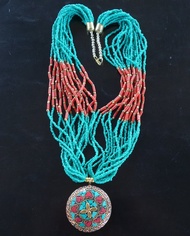 【秋冬新時尚】綠松石 山珊瑚 129克 紅(綠)琉璃珠 項鏈 西藏