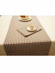 1個印花亞麻桌旗、杯墊、桌布,上小清新花園風格的格子圖案,適用於餐館、餐桌和戶外野餐