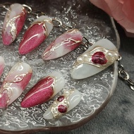 10 Pcs In 1Pack Metallic Style Handmade Almond Shape Press On Nails Set 3D Pink High-Quality Texture