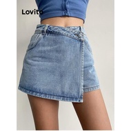 Lovito Casual Denim Shorts Plain Fake 2 In 1 Asymmetrical Pocket Denim Shorts for Women LNE58166