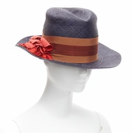 LANVIN 2015 Alber Elbaz red flower brown web ribbon navy straw fedora hat M