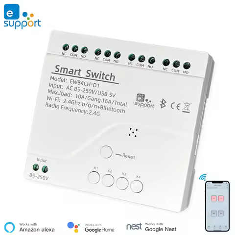 eWelink 4 Channel Smart WiFi 85-250V Switch, Free APP Remote Control ,Bluetooth, Inching ,Self-lock 