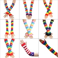 【CW】 Knitted Over Elbow Arm Warmers US Flag Stripes Patchwork Fingerless Gloves with Thumb Hole Costume