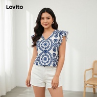 Lovito Blaus Wanita Boho Ikat Belakang Biru Musim Bunga dan Panas LBL31162