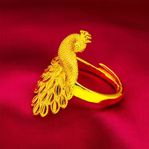 Women's Peacock Open Ring 24K Gold AU999 - Traditional craft, 3D peacock pattern, adjustable opening