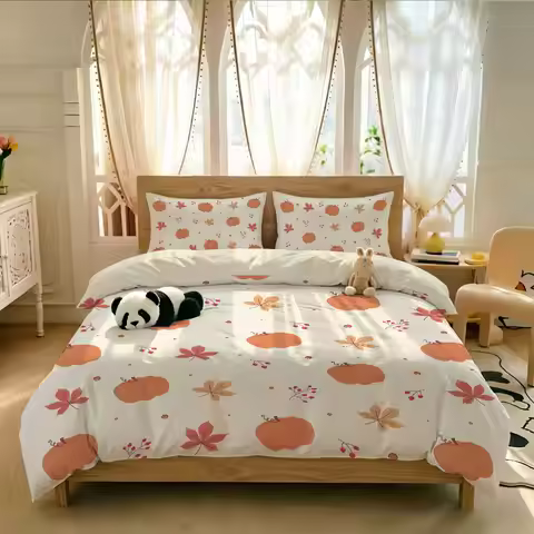 3pcs Pumpkin Autumn Leaf Berry Print Bedding Sets Soft Bedding Cover Pillowcases Coreless Bedroom Th