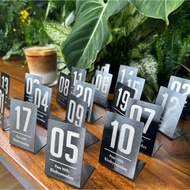 Stainless steel table number, black scratched 304 stainless steel. Laser engraved content, Size 5x7c
