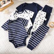 6pcs/Set Newborn Baby's Comfortable Casual Cute Patchwork Striped & Star Pattern Short Sleeve Romper