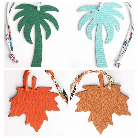 Double Faces Silk Ribbon Full Real Genuine Leather Palm Tree Maple Leaf Keychain Key Chain Women Bag