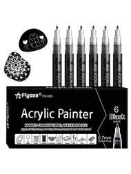 6入組黑白色壓克力油漆筆，可用於岩石、陶瓷、玻璃、木材、輪胎、布料、金屬、帆布等，超細尖