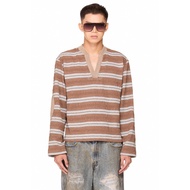 V-neck long-sleeved T-shirt - BEUTER STRIPED ELBOW PATCH SWEATER - MOCHA