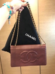 二手正品香奈兒Vintage Chanel 荔枝皮勃根地酒紅色WOC信封包、三背！（黑色同款的賣69900元已售）