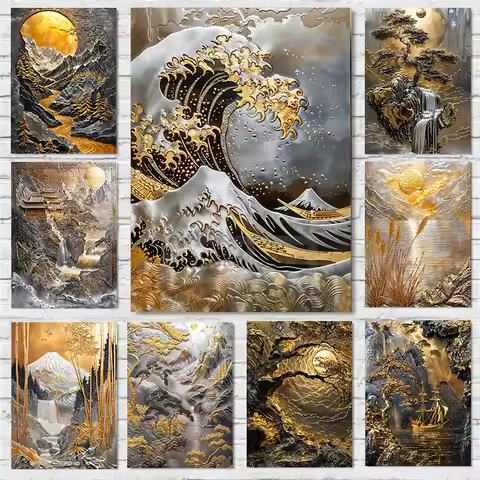 Japanese Gold Silver Platinum Art Poster Metal Abstract Not 3D Prints Canvas Painting Wall Art Pictu