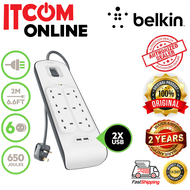 BELKIN 6-PLUGS + 2-PORT USB SURGE PROTECTOR EXTENSION SOCKET 2M (BSV604SA2M)
