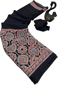 Soft Silk Ajrakh Saree Ikkat Nakshi Bandhej Digital Print Designer Pallu Attach Blouse Piece (Black4