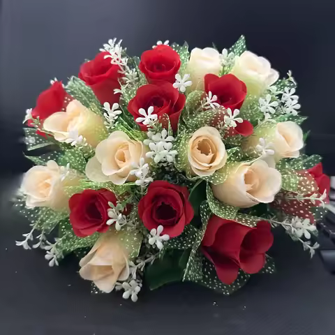 Realistic Artificial Rose Bouquet with Green Foliage Fade-Resistant Plastic Flowers for Home Cemeter