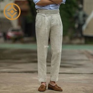 【Available】British Style Men Gurkha Linen Pant High Waist Straight  Ankle-Length Pants Spring Summer