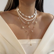 YX Vacation Style Starfish Turtle Pearl Polymer Clay Long Layered Necklace 4Pcs Set Y2K Aesthetic Pa