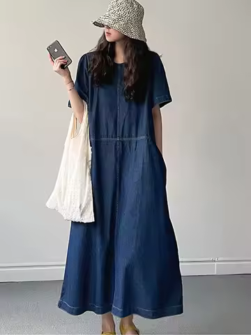 Loose Fit round Ne ort Sve Denim Dr Women's Korean Sle Faionable Summer Dr Age Reduction Long A-Line