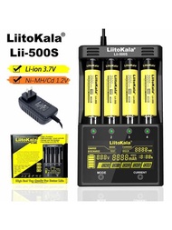 Liitokala Lii-500s液晶電池充電器,兼容3.7v 18650 18350 18500 21700 26700 20700 14500 26650 1.2v Aa Aaa Ni-mh鋰電池,帶觸控控制/4通道充電/電池容量檢測/反向極性保護/短路保護/過充保護/溫度控制保護等多種功能