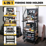 Freestanding fishing rod holder with pegboard, mobile tackle organizer rack