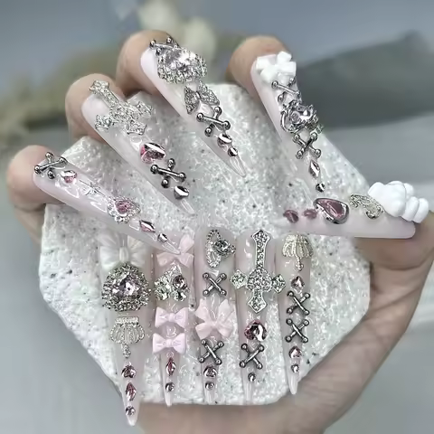 10PCS Y2K Pink Jirai Cute Long Handmade Press On Nails Shibuya Gyaru Bow Heart Cross Diamond Crown S